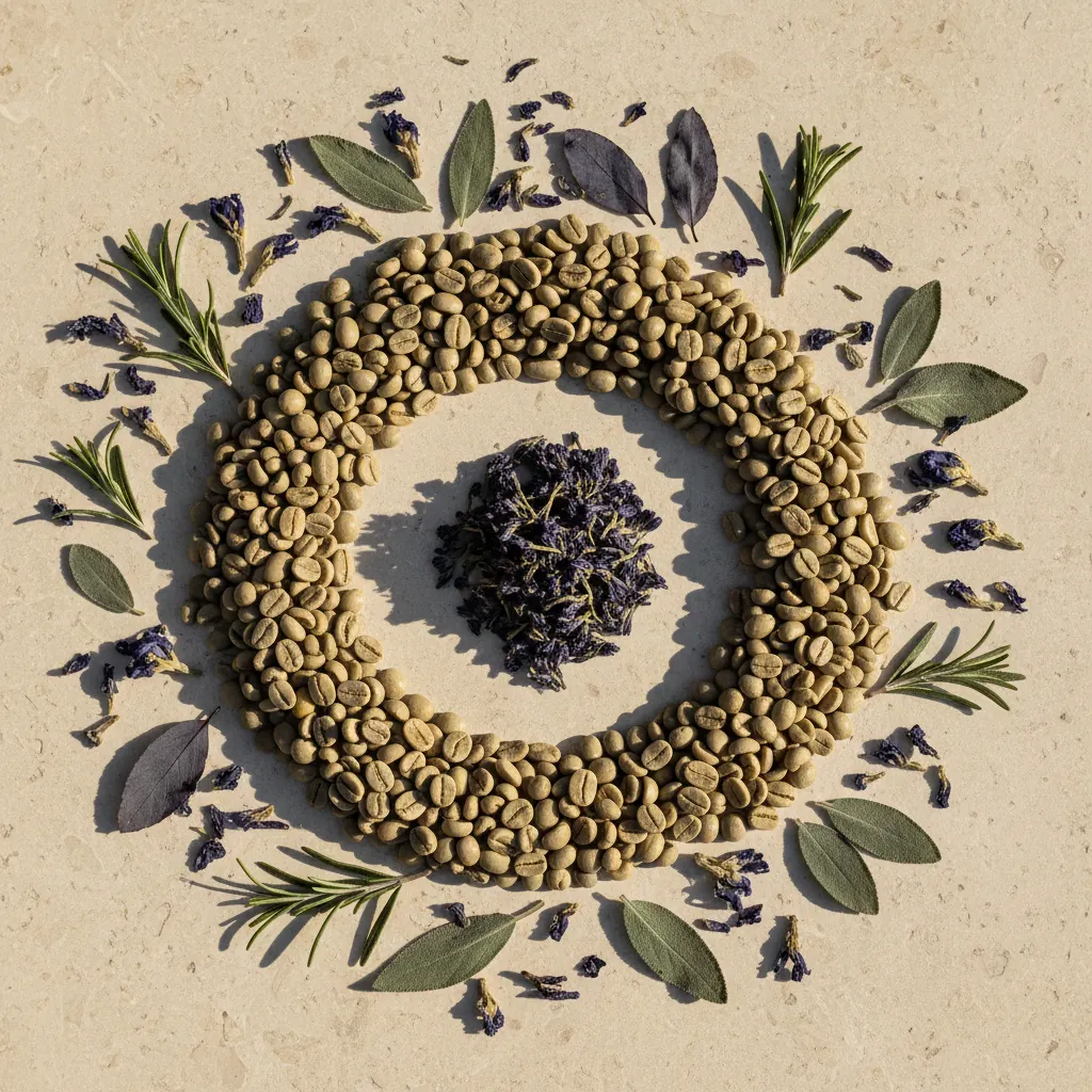Green coffee beans and dried botanical herbs - green coffee bean extract benefits