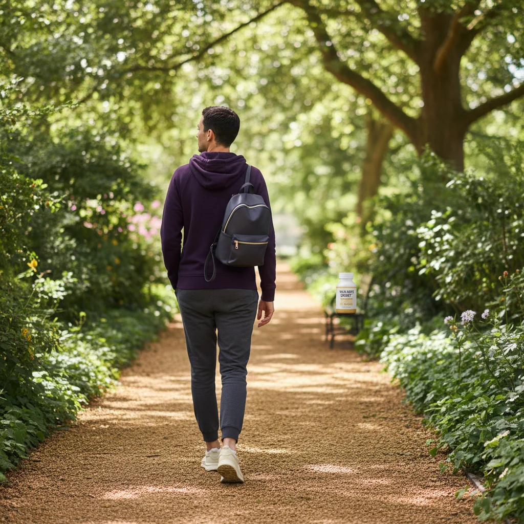 Anonymous person walking in a sunlit park - food supplement for active lifestyle UK
